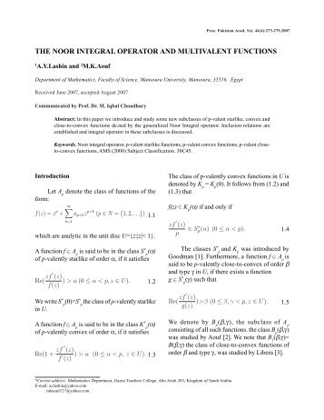 the noor integral operator and multivalent functions - Pakistan ...