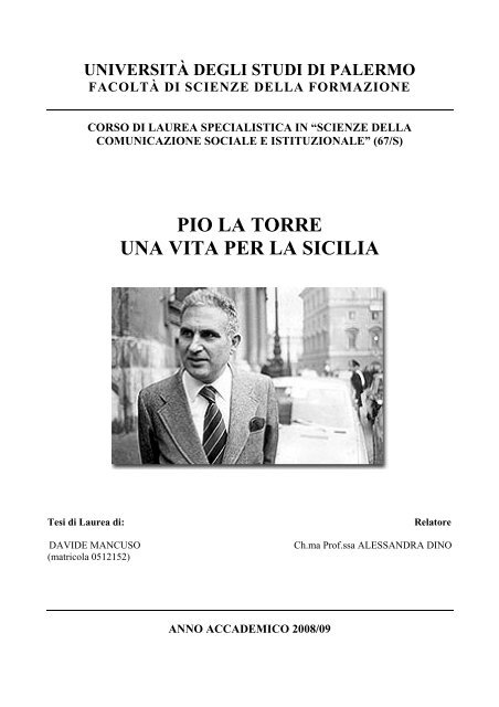 Pio La Torre, una vita per la Sicilia Tesi totale di Davide Mancuso