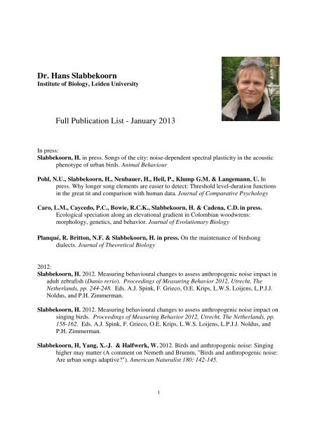 Dr. Hans Slabbekoorn Full Publication List - January 2013