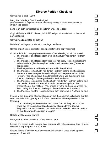 Divorce Petition Checklist - Northern Ireland Court Service Online