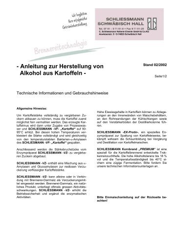 Anleitung zur Herstellung  von Alkohol aus Kartoffeln