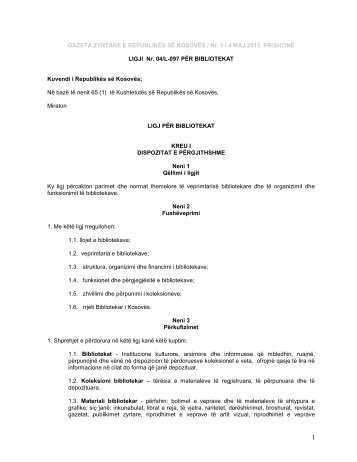 Ligji nr. 04/L-097 pÃ«r bibliotekat - Ministria e KulturÃ«s, RinisÃ« dhe ...