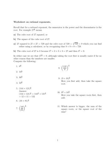 Worksheet on rational exponents. Recall that for a rational exponent ...