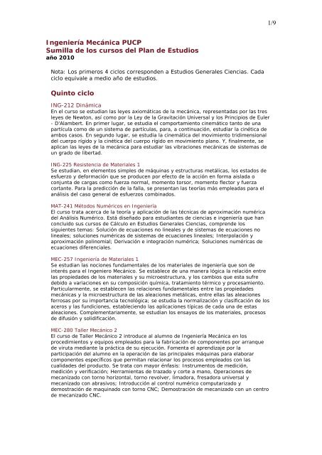 1/9 IngenierÃ­a MecÃ¡nica PUCP Sumilla de los cursos del Plan de ...