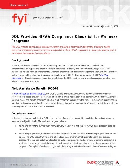 DOL Provides HIPAA Compliance Checklist for Wellness Programs