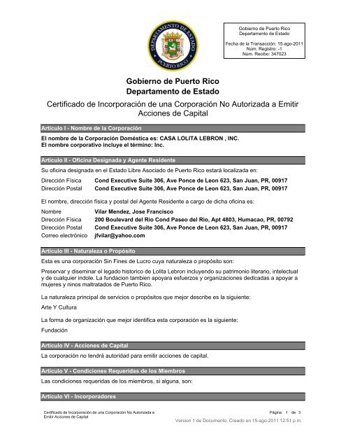 Gobierno de Puerto Rico Departamento de Estado Certificado de ...