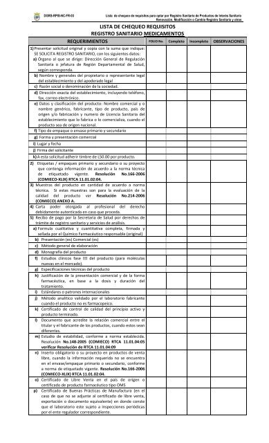 Lista de Chequeo requisitos Registro Sanitario - Secretaria de Salud
