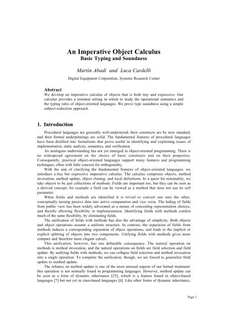 An imperative object calculus: Basic typing and ... - Luca Cardelli