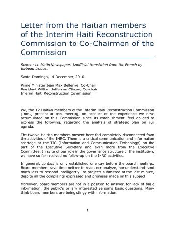 Text of Letter from Haitian IHRC members - Norman Girvan