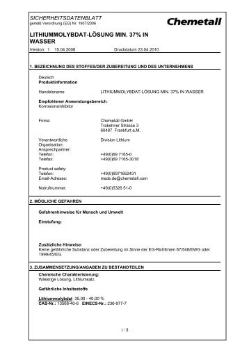 LITHIUMMOLYBDAT-LÖSUNG MIN. 37% IN WASSER