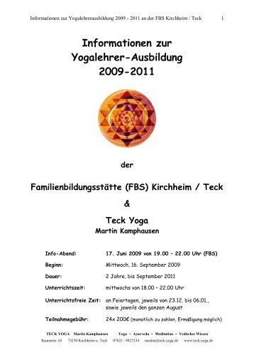Informationen zur Yogalehrer-Ausbildung 2009-2011 - Teck Yoga