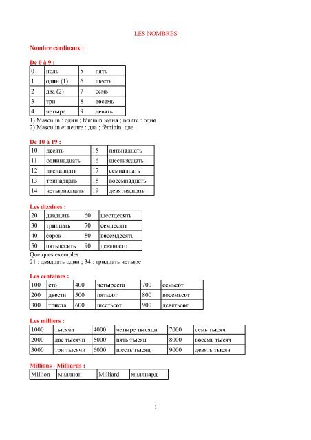 RUSSE - LES NOMBRES - Langue russe