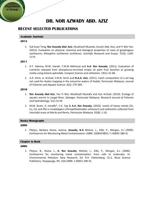 Dr Nor Azwady Abd Aziz Recent Selected Publications Upm