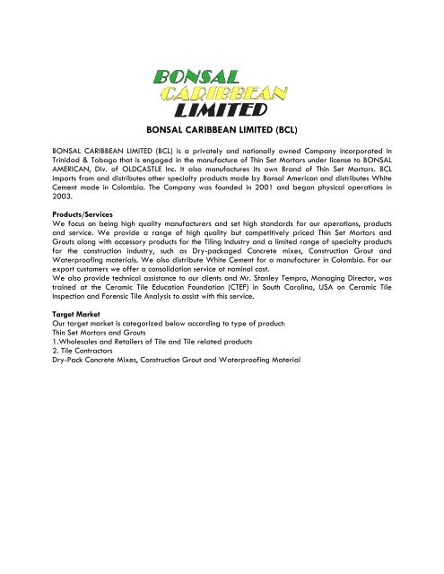bonsal caribbean limited (bcl) - Trinidad and Tobago Manufacturers ...