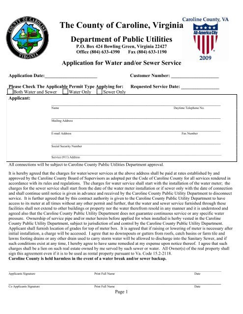 Application for Water and/or Sewer Service - Caroline County!