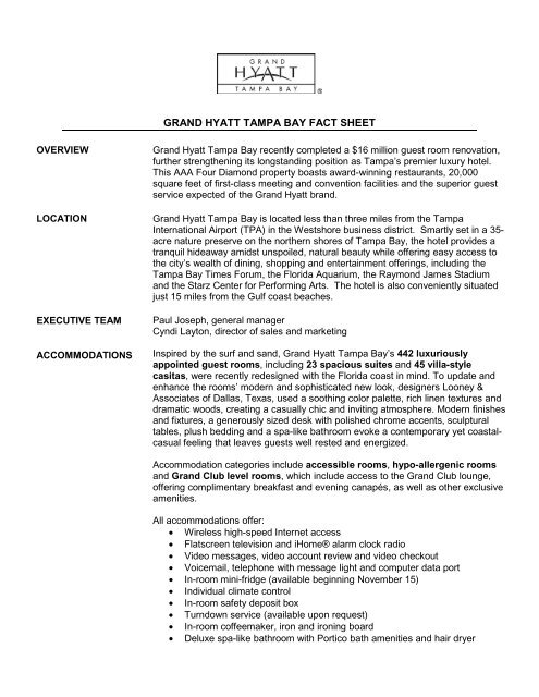 grand hyatt tampa bay fact sheet - Cheryl Andrews Marketing ...