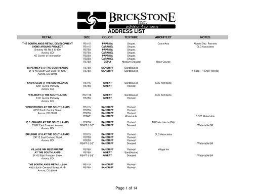 Arriscraft ADDRESS LIST - Brick and Stone Products -- Brickstone Inc.