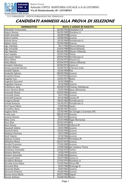 elenco degli ammessi - USL 6 - Livorno