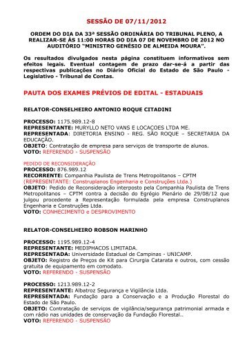 sessÃ£o de 07/11/2012 pauta dos exames prÃ©vios de edital - estaduais