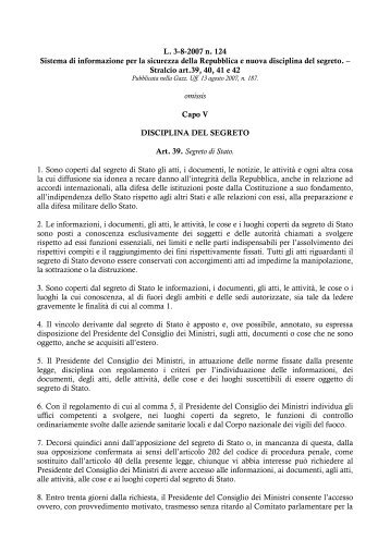 Legge 3 agosto 2007 n. 124 - Sistema di informazione per la ...