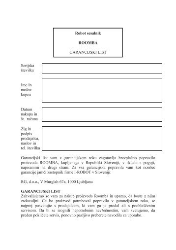 Robot sesalnik ROOMBA GARANCIJSKI LIST Serijska ... - Ralf Gartner