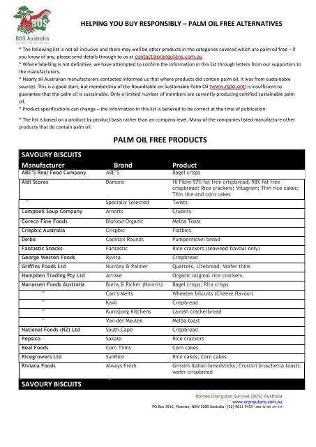 Palm oil free product list - Borneo Orangutan Survival