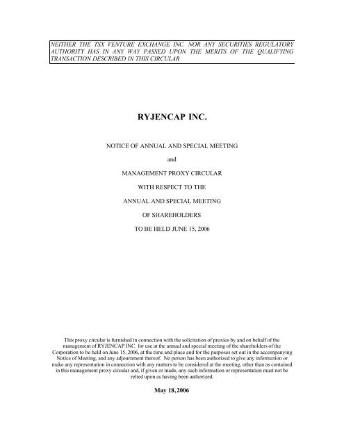 Ryjencap Inc. Notice of Annual and Special ... - Empire Industries