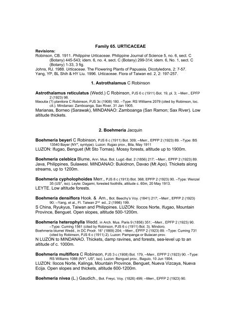 Family 65. URTICACEAE 1. Astrothalamus C Robinson Marianas ...