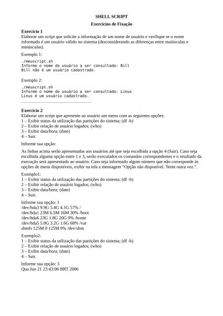 SHELL SCRIPT Exercícios de Fixação Exercício 1 Elaborar ... - Gerds