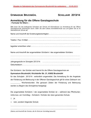 Anmeldung fÃ¼r die offene Ganztagsschule - Gymnasium BruckmÃ¼hl