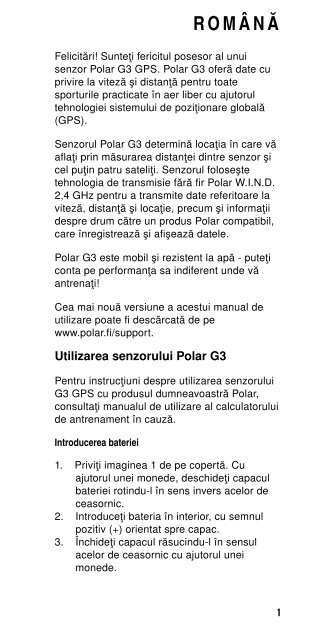 Polar G3 GPS Sensor Manual de utilizare