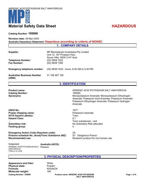 Material Safety Data Sheet HAZARDOUS - MP Biomedicals