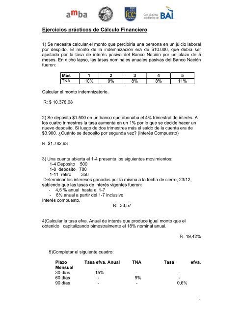 Ejercicios prácticos de Cálculo Financiero - AMBA
