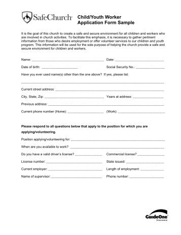 Child Ã¢Â€Â“ Youth Worker Application Form (Sample) - Ministry Advantage