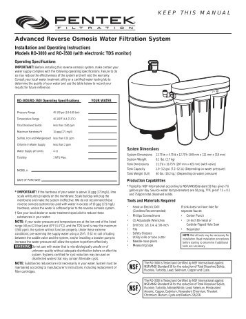 Pentek RO-3000 Instruction Manual - Water Filters