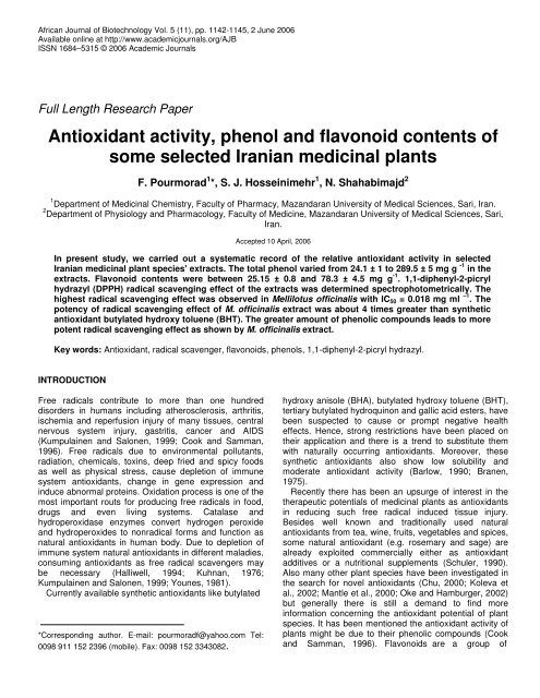 Antioxidant activity, phenol and flavonoid contents of some selected ...