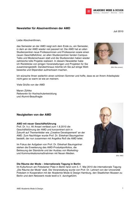 Newsletter fÃ¼r AbsolventInnen der AMD Neuigkeiten von der AMD