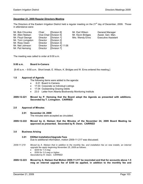 Eastern Irrigation District Directors Meetings 2009 December 21 ...