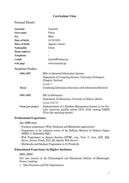 Curriculum Vitae Personal Details Academic Studies Professional ...