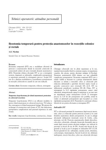 Ileostomia temporarÃ£ pentru protectia anastomozelor Ã®n ... - Chirurgia