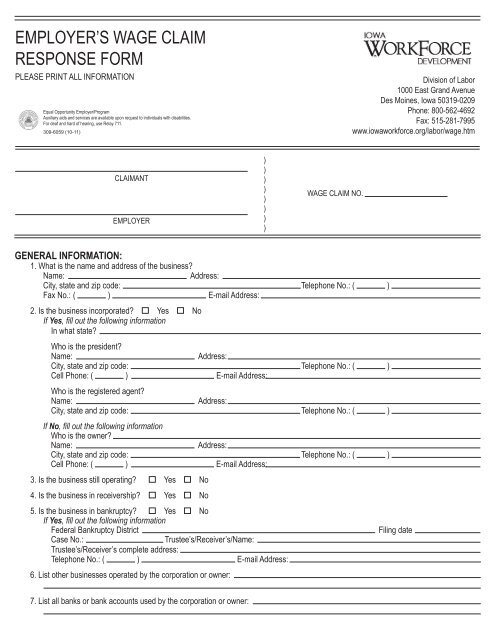 Employer's Wage Claim Response Form - Iowa Workforce ...