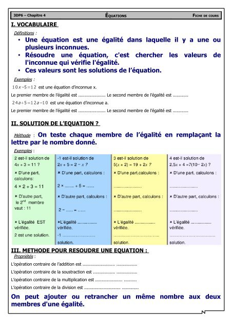 â¢ Une Ã©quation est une Ã©galitÃ© dans laquelle il y a une ou plusieurs ...