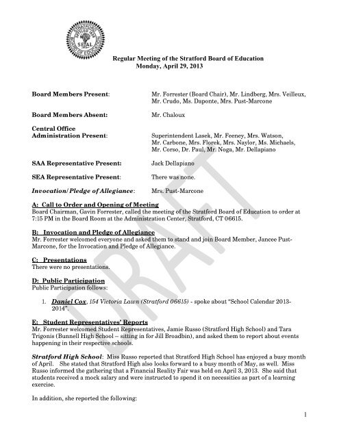Regular Meeting of the Stratford Board of Education Monday, April ...