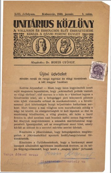 1943 - MagyarorszÃ¡gi UnitÃ¡rius EgyhÃ¡z