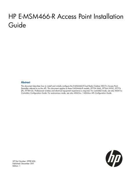 HP E-MSM466-R Access Point Installation Guide - Hewlett Packard
