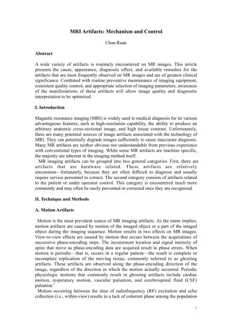 MRI Artifacts: Mechanism and Control