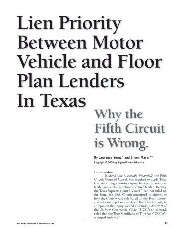 Lien Priority Between Motor Vehicle and Floor Plan Lenders In ...