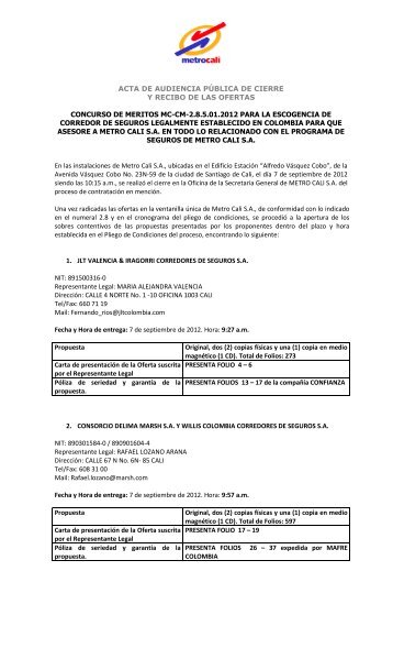 Acta Audiencia de Cierre y Recibo de Propuestas - Metrocali