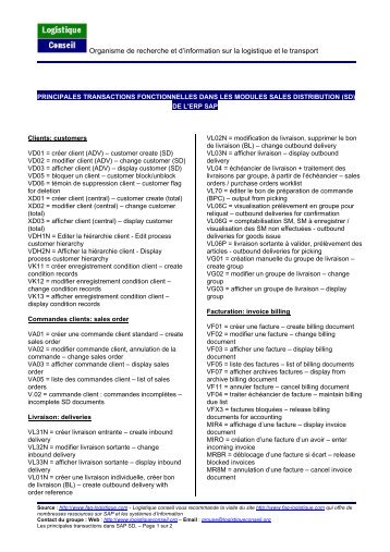 Transactions principales de SAP, Module SD - Logistique conseil