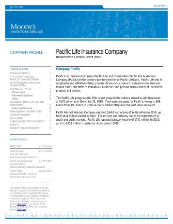 Moody's Company Profile - Pacific Life Insurance Company